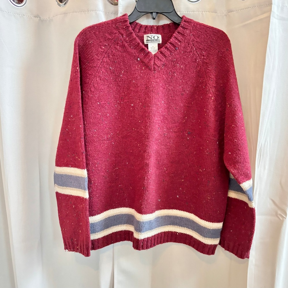 Vintage Mens 100% Wool V-Neck Sweater Burgundy Confetti Varsity Academia 20078